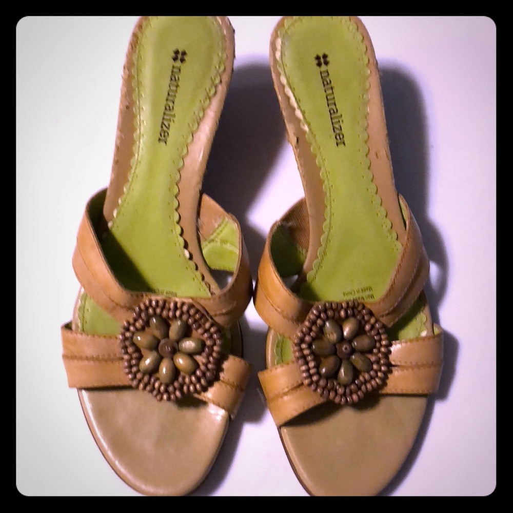 Naturalized Tan Leather Embellished Wedge Slides